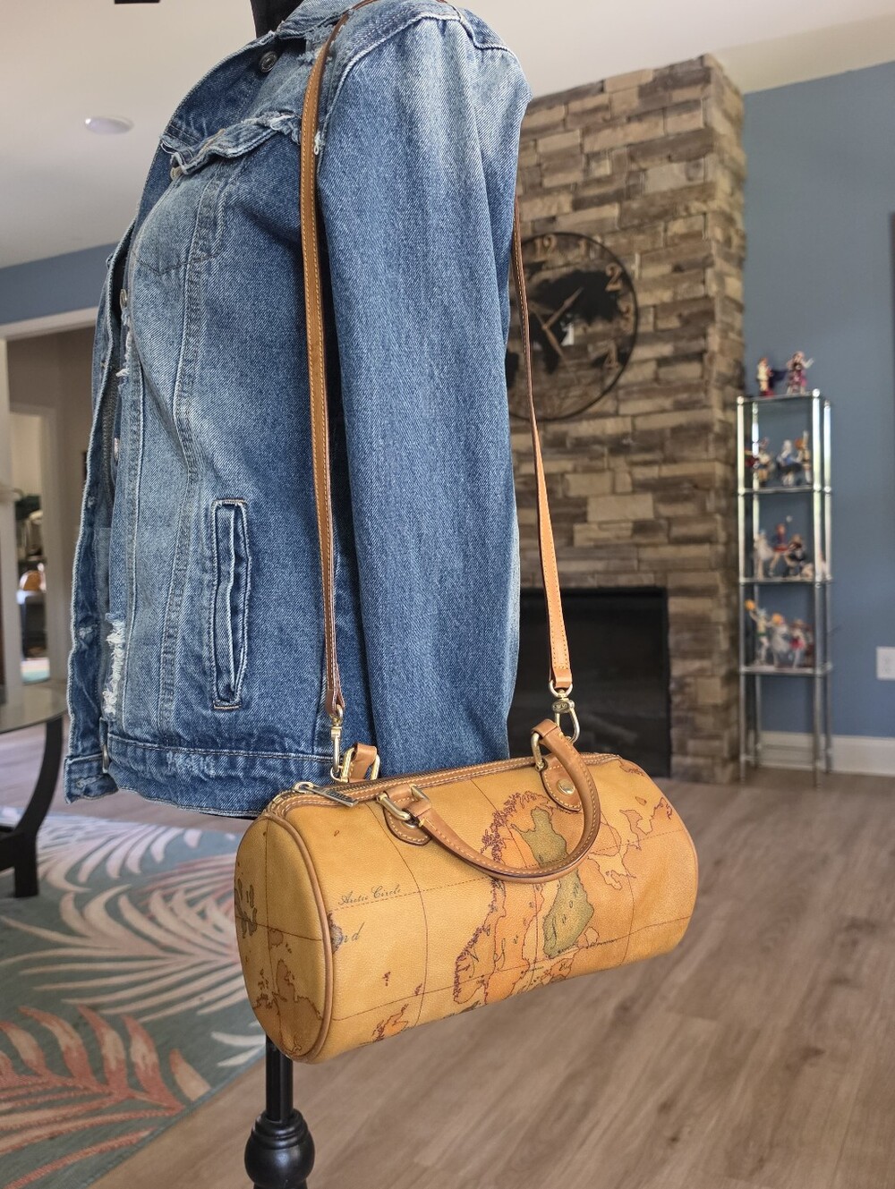 Authentic Alviero Martini Vintage Map-Print Barrel Satchel Or Crossbody Bag